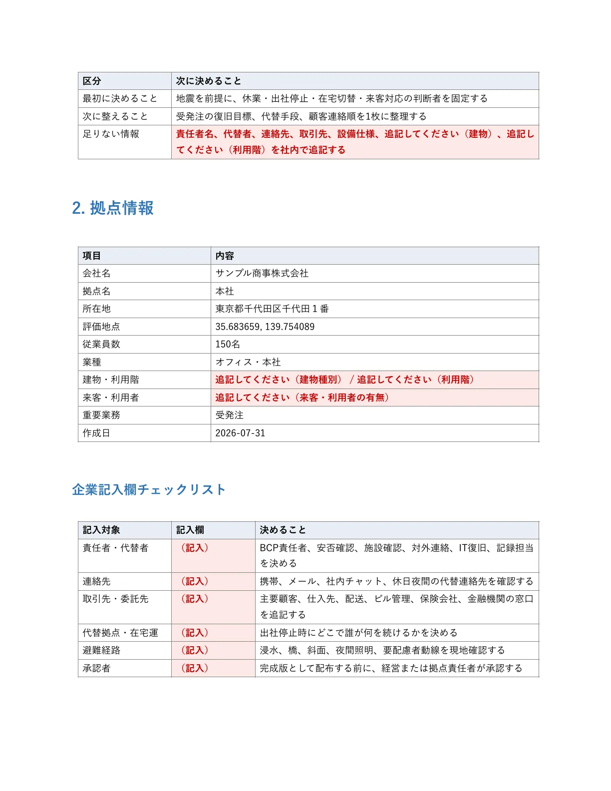 防災DBが作成するBCP資料の企業記入欄と未確認事項チェックリスト