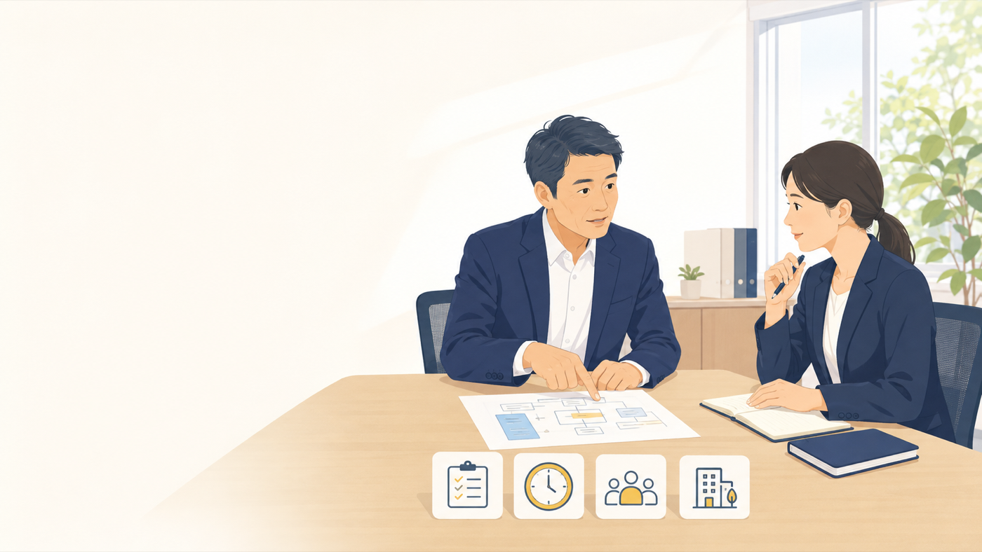 BCPの4つの判断について話し合う経営者と担当者の説明用イラスト
