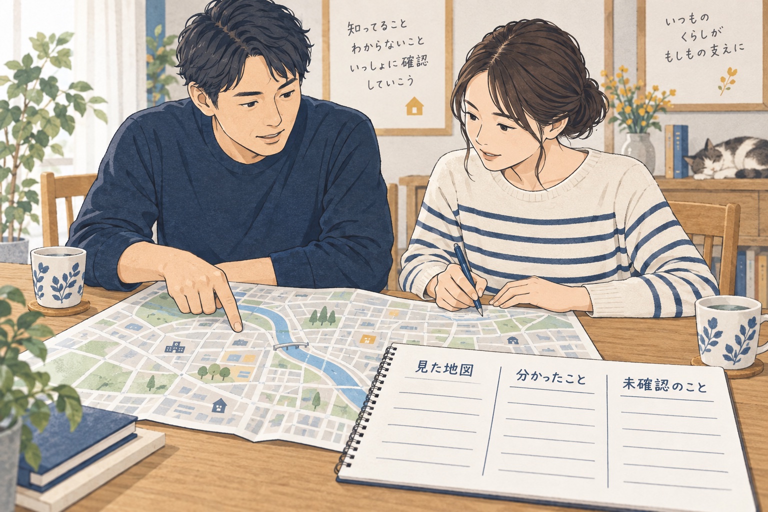 二人の家族が地図を見ながら、見た地図・分かったこと・未確認のことを分けてメモする場面