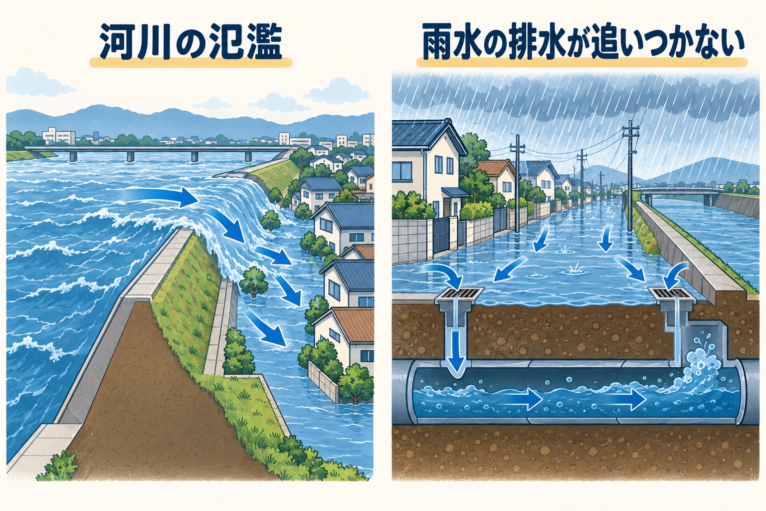 河川から住宅地へ水が広がる場合と、街の雨水の排水が追いつかない場合を比較する説明図