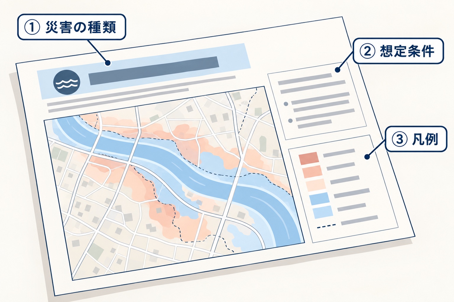 地図の表題、想定条件の注記、色の凡例という三つの確認箇所を示す説明図