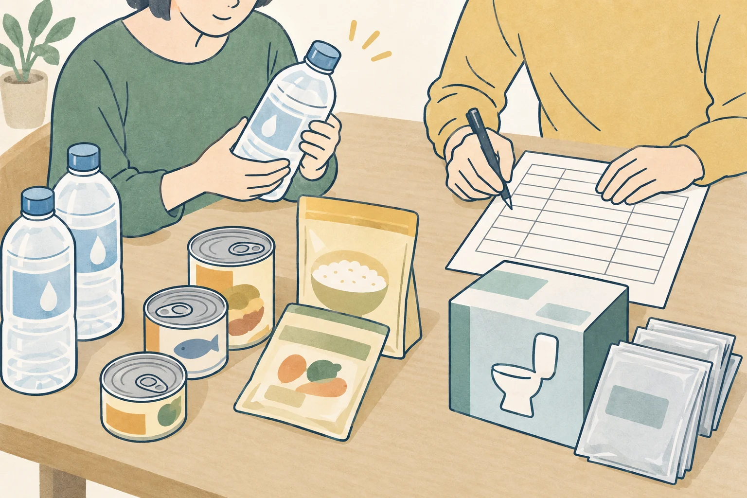 水、食品、携帯トイレをそれぞれの単位で数え、点検表に記録する家族のイラスト