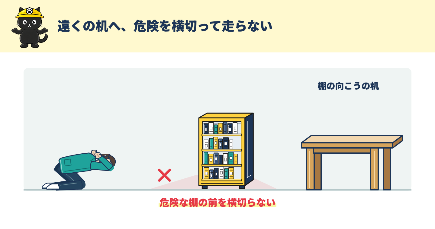 人と遠くの机の間に家具があり、危険を横切らず近くで頭を守る図